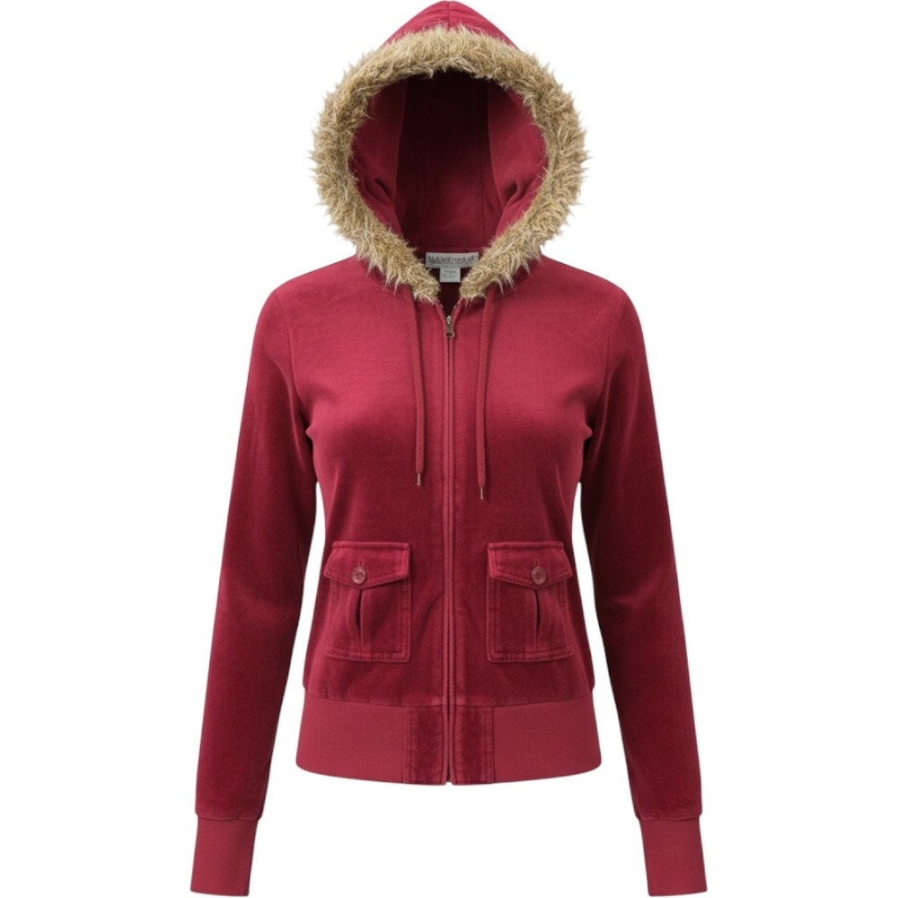Self Esteem Velour Hoodie Women XL Red Excellent Y2K Faux Fur Trim Zip Up